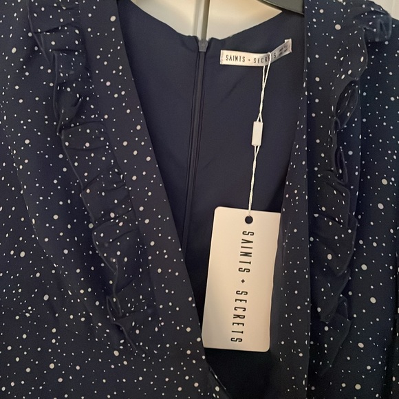 Saints + Secrets Navy Blue Ruffle Dot Cut Out Romper Sz M NWT - Picture 2 of 5